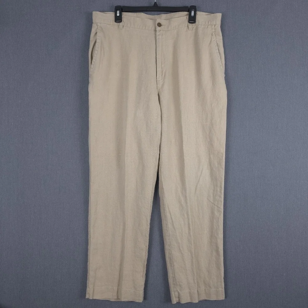 Jos A Bank Linen Pants Mens 38x30 (Fits 36x30) Khaki Flat Front Lightweight